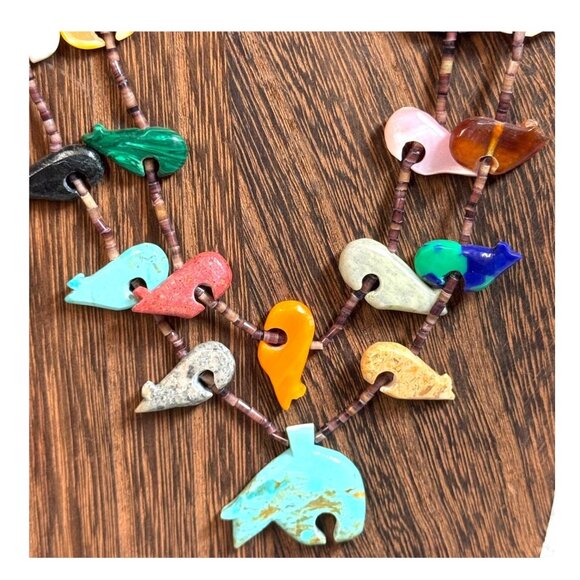 Vintage Zuni Double Strand Bird Fetish Turquoise Bear Necklace Multi-Stone 28" - Picture 3 of 12